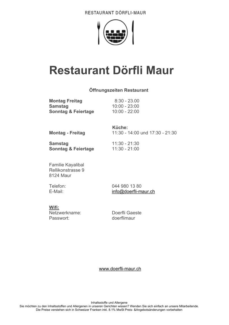 Menu di Restaurant Dörfli Maur 