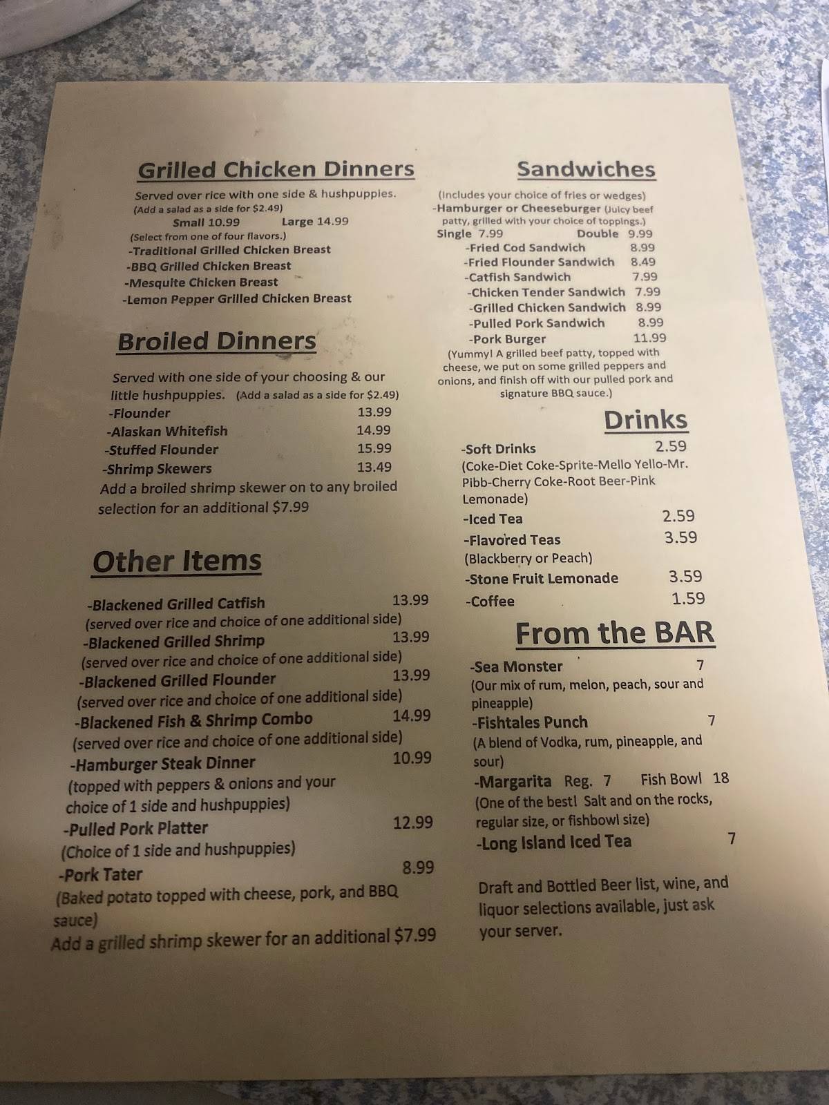 Menu at Fishtales restaurant, Norton