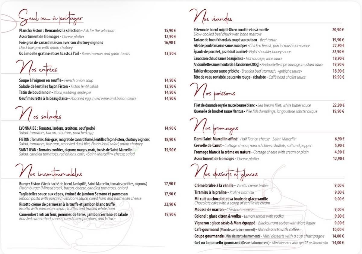 Menu de Fiston - Bouchon Lyonnais (rue Saint-Jean)