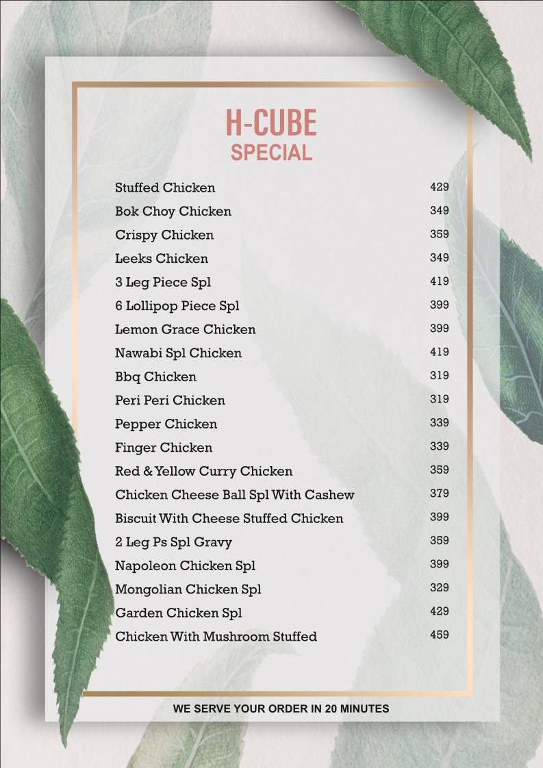 H cube cafe and Restaurant menu