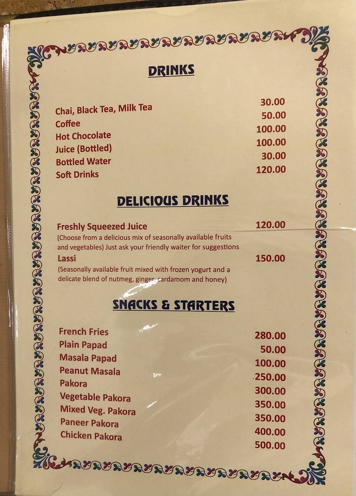 Heritage House Rooftop Restaurant menu