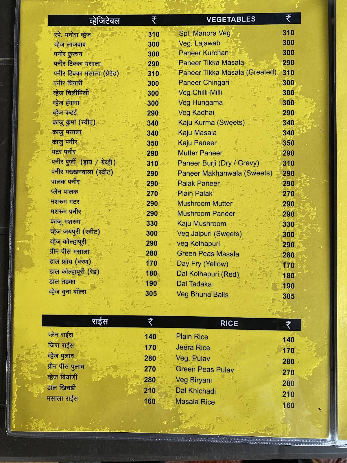 Hotel Manora menu