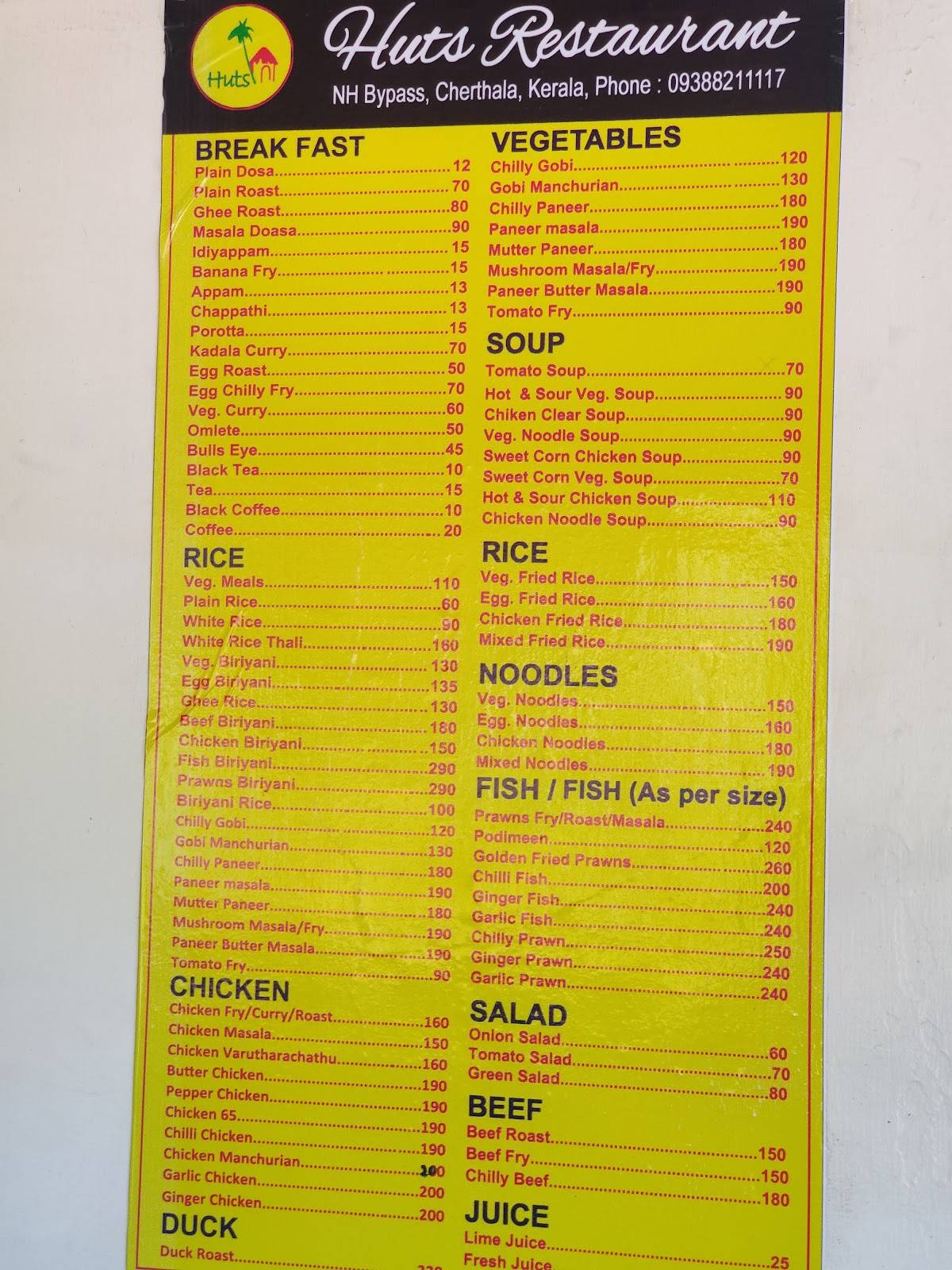 Huts Restaurant menu