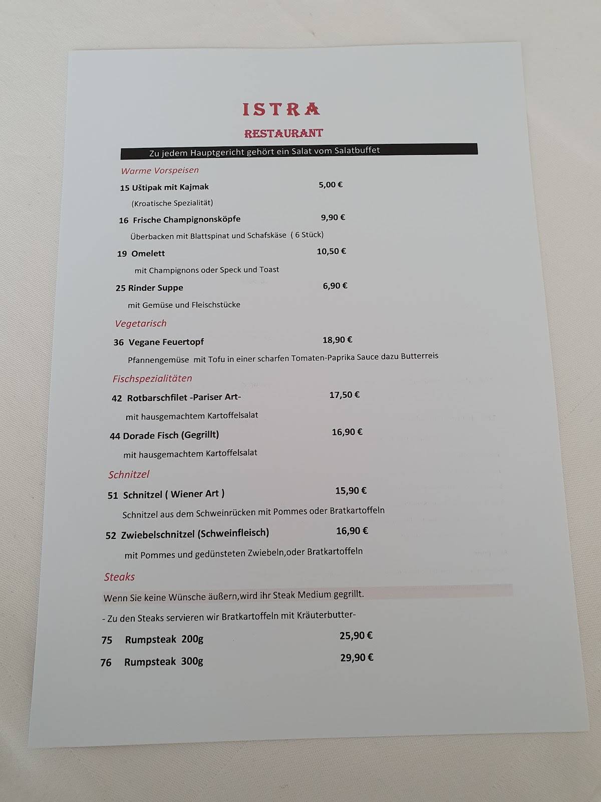 Speisekarte von Restaurant Istra, Voerde (Niederrhein)