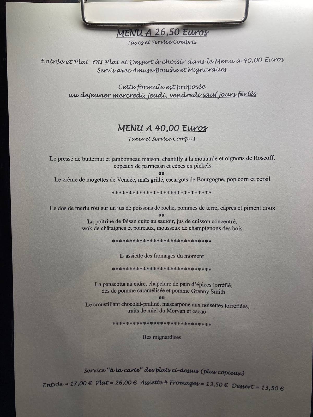 Menu de Restaurant Jean-Michel Couron