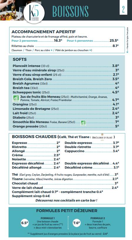 Menu de K5 Bar Brasserie