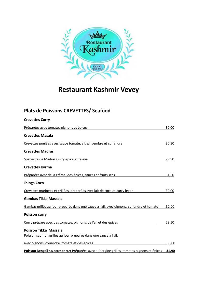 Menu di Kashmir Restaurant Vevey 