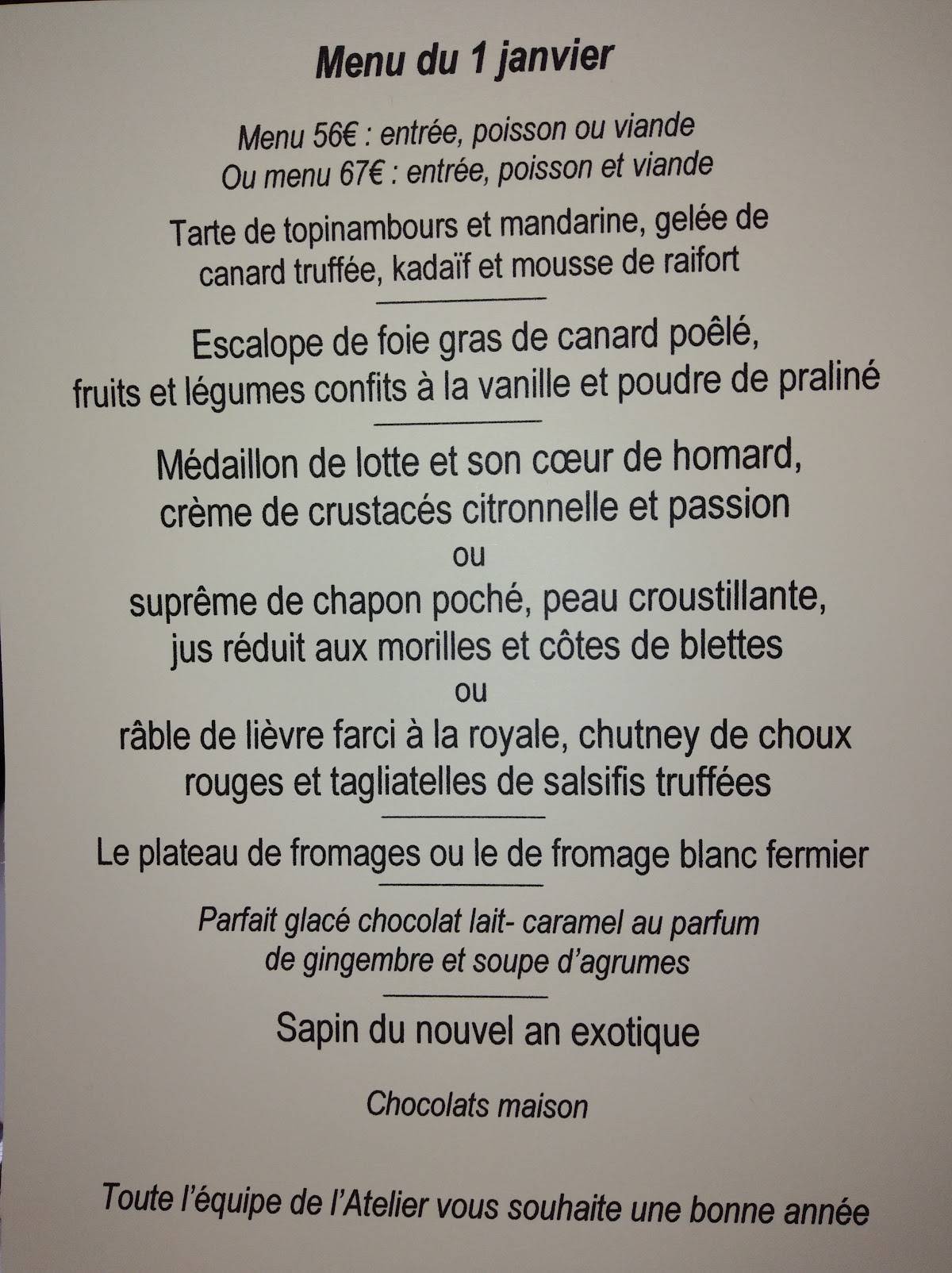 Menu de Restaurant L'Atelier Rongefer