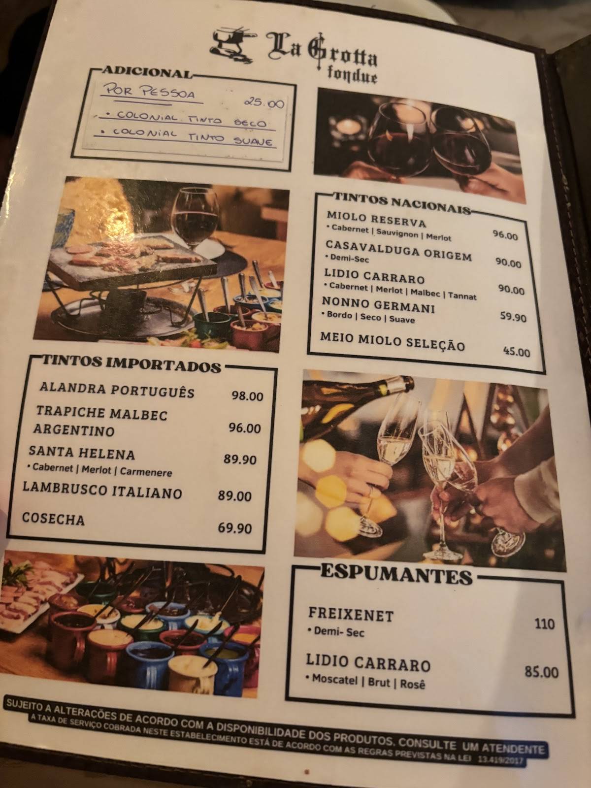 Lá Grotta Fondue cardápio