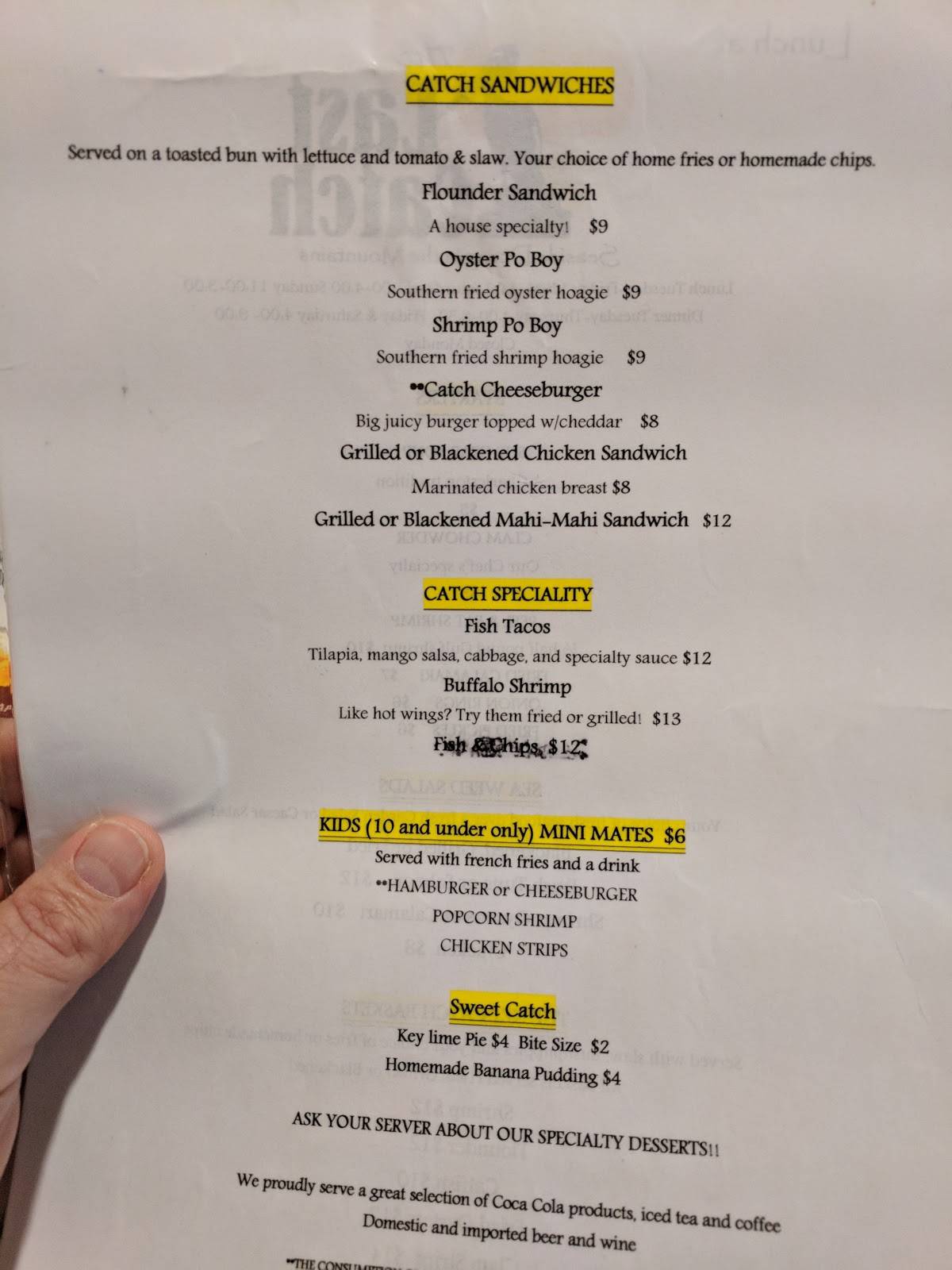 Menu at Last Catch restaurant, Jasper