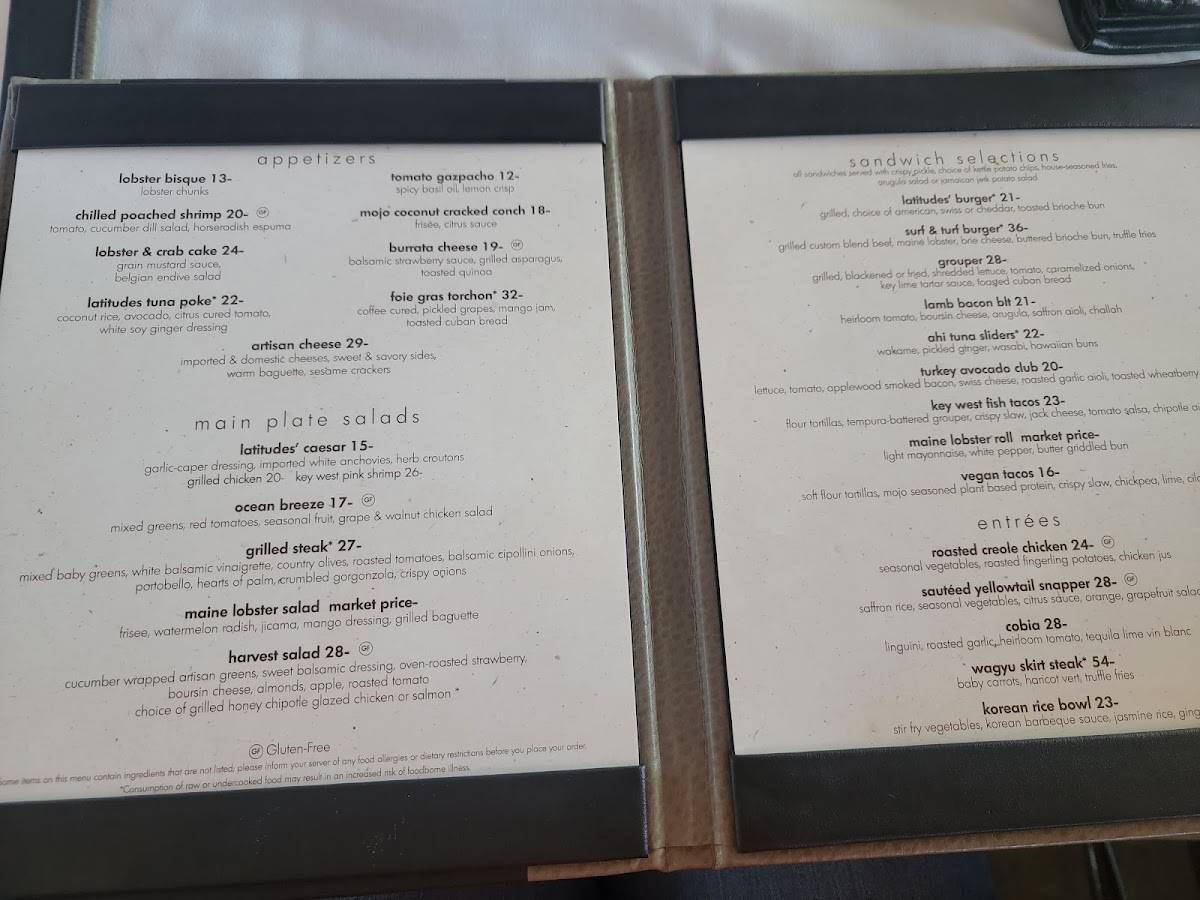 Menu at Latitudes restaurant, Key West, 245 Front St