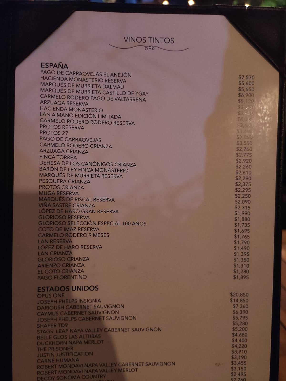 Carta del restaurante Laurel, Santo Domingo