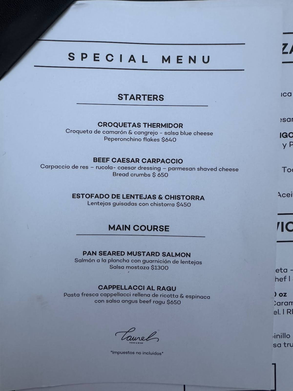 Carta del restaurante Laurel, Santo Domingo