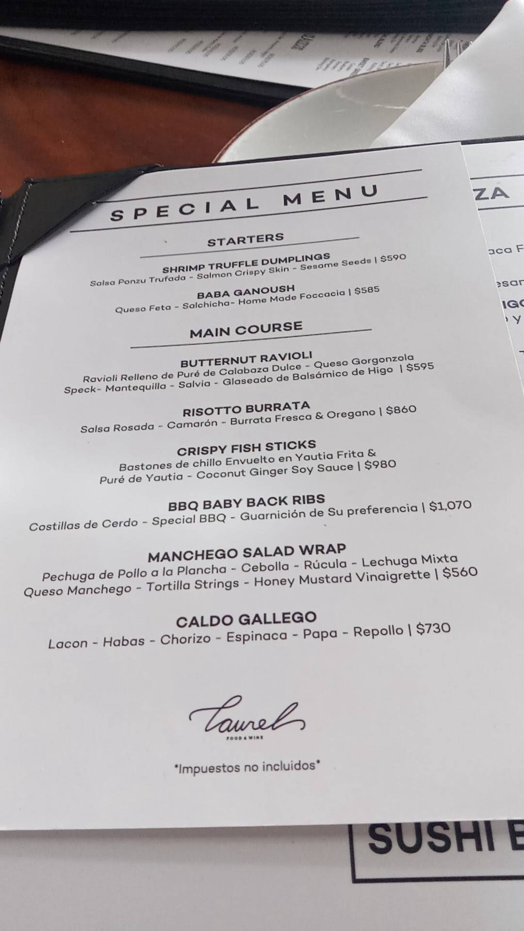 Carta del restaurante Laurel, Santo Domingo