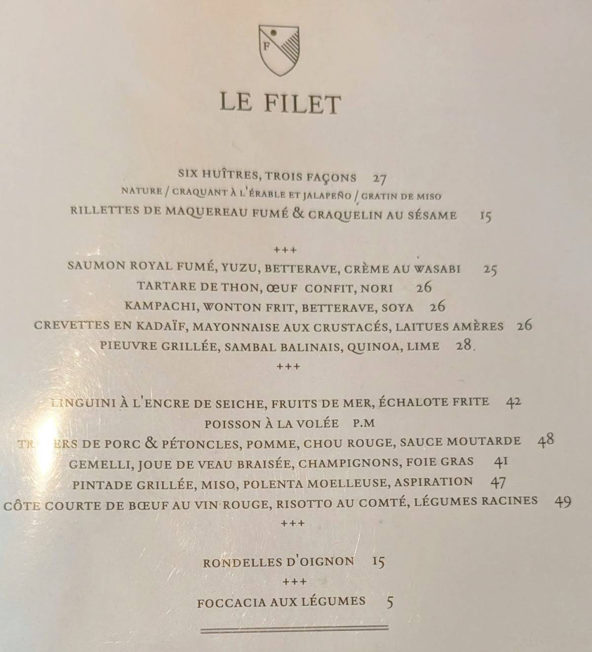 Menu de Le Filet