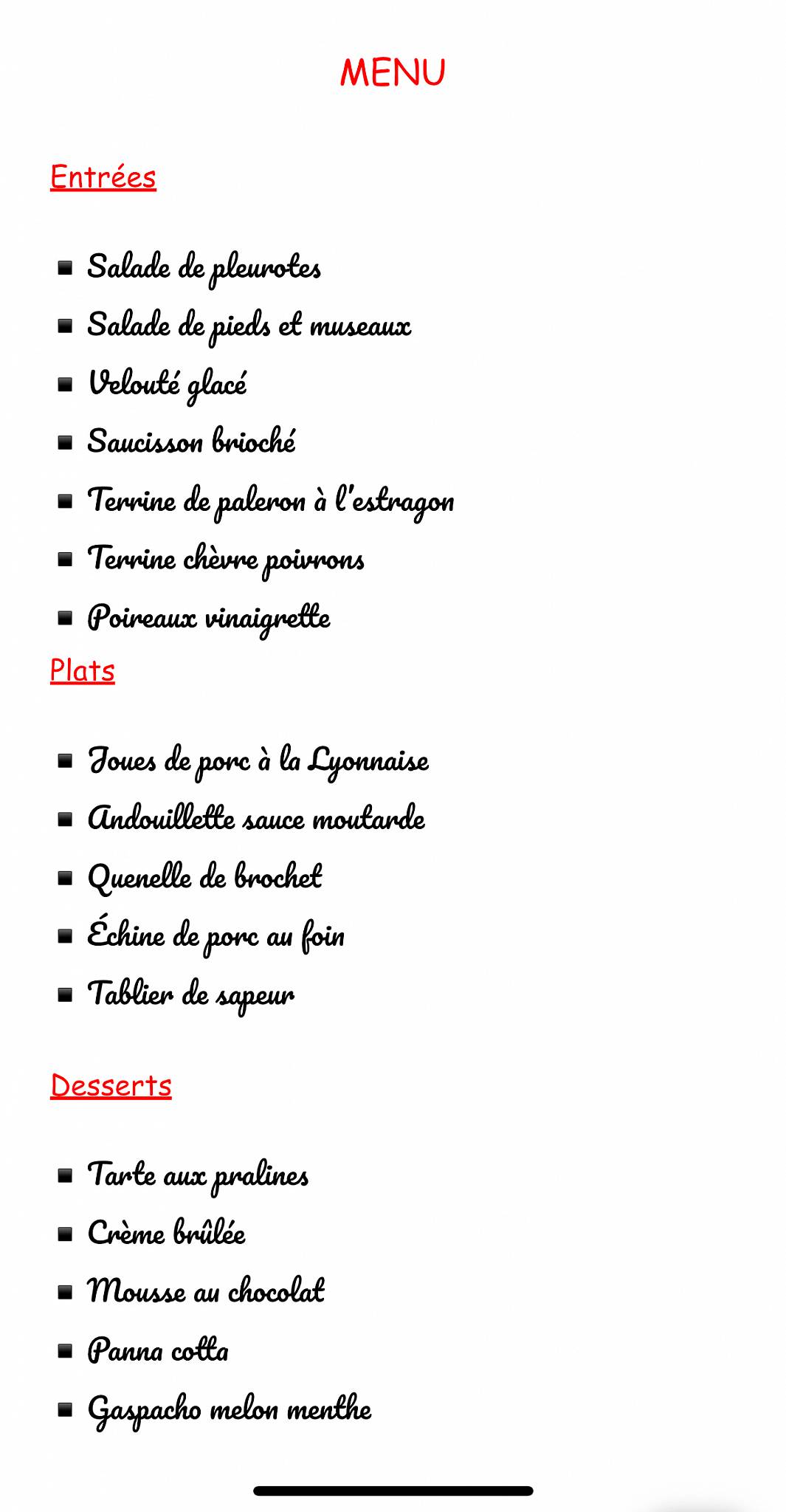 Menu de Restaurant Le Musée