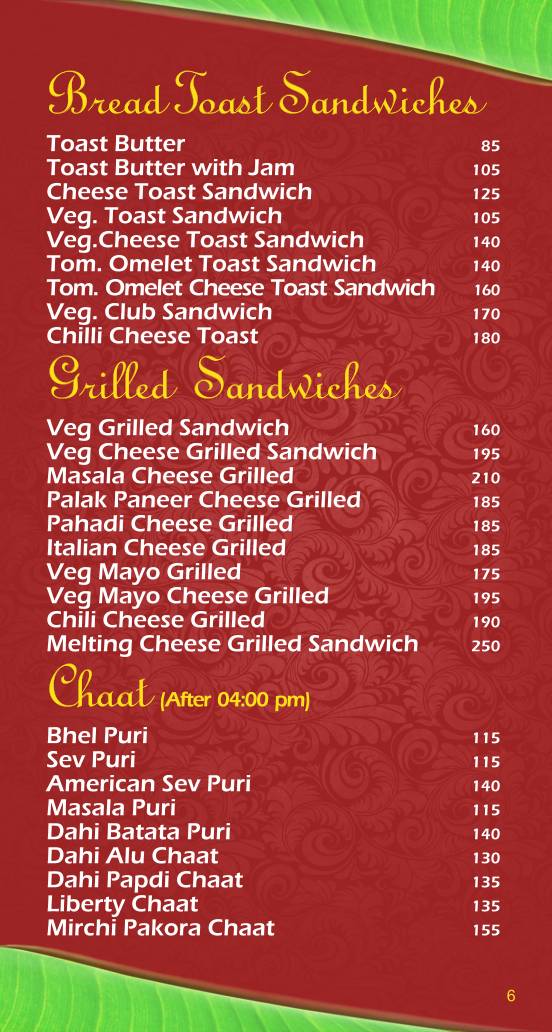Liberty Veg Restaurant menu