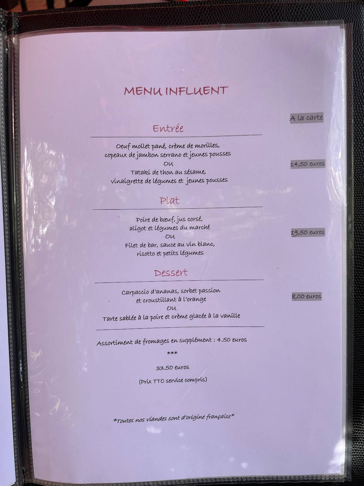 Menu de Restaurant L'influent