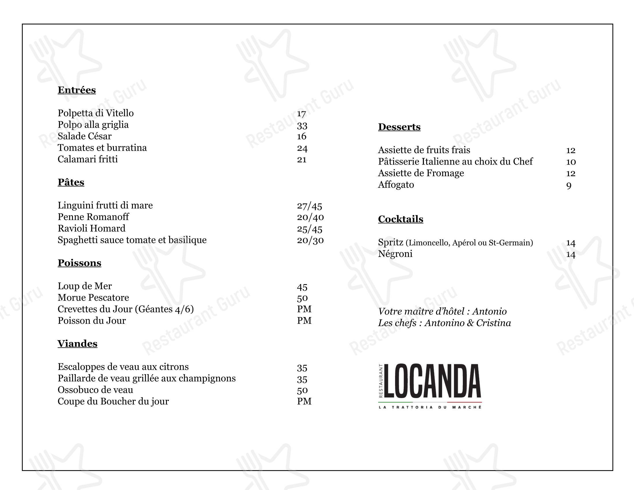 Restaurant Locanda dans Laval - Menu