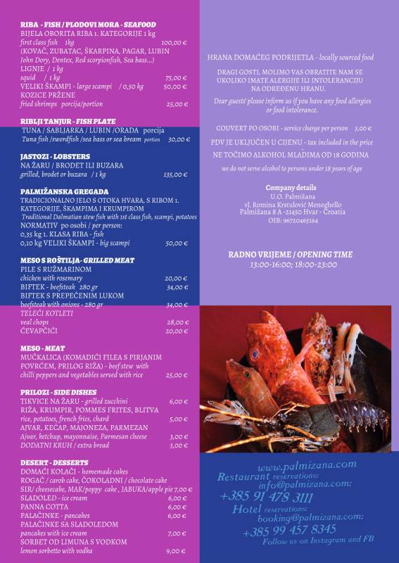 Menu di Meneghello Palmižana Restaurant 