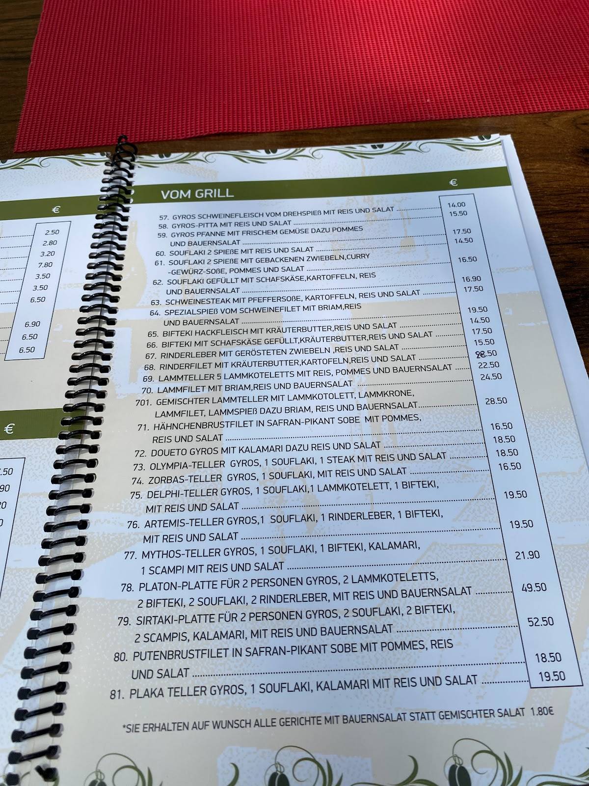 Menu de Restaurant Mythos