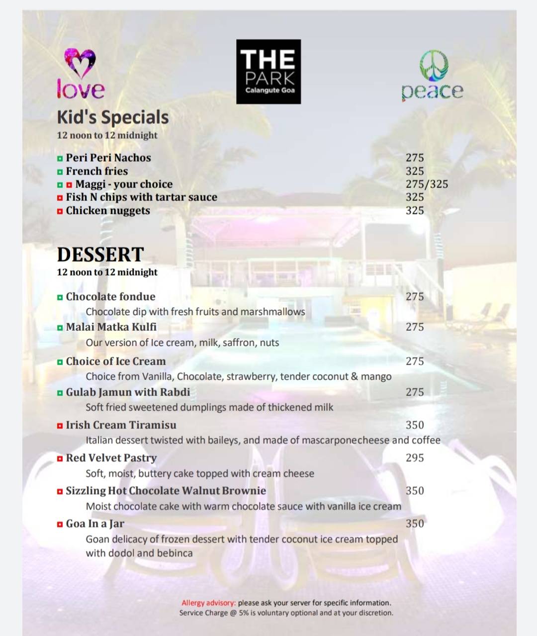Peace Bar menu