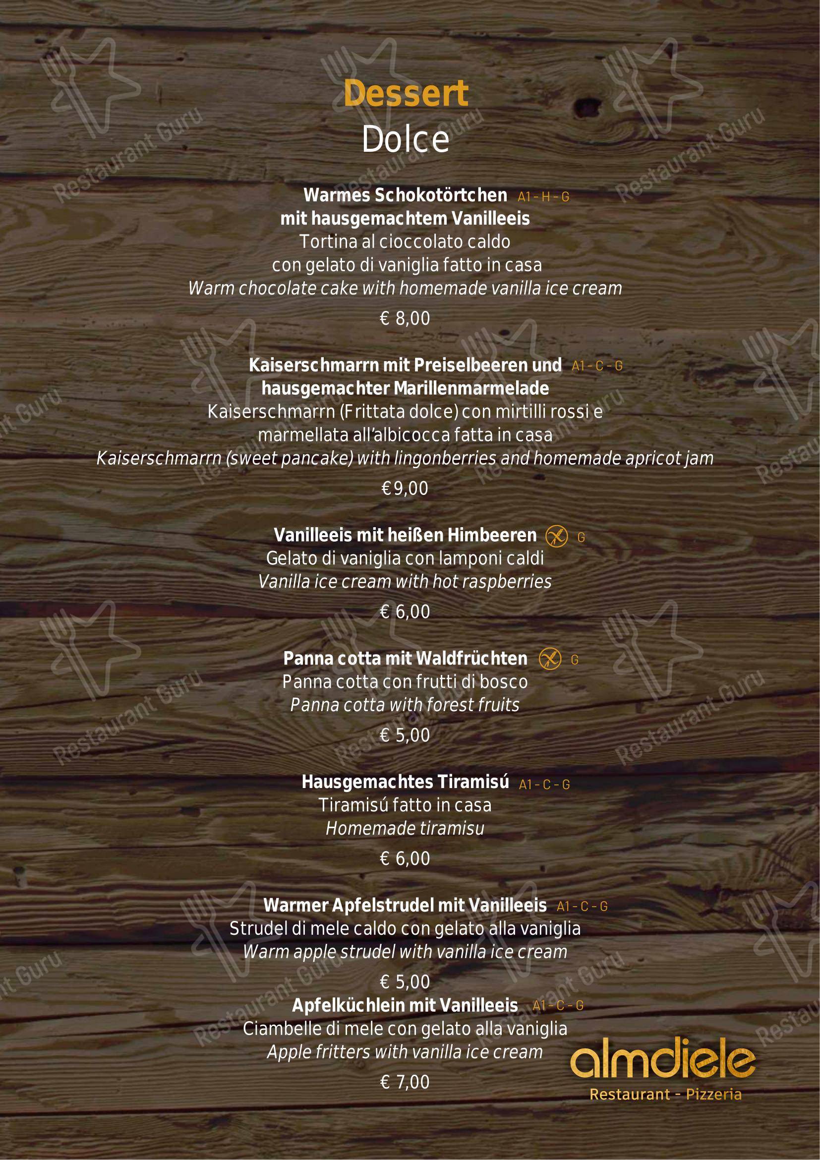 菜单 per Ristorante Pizzeria Almdiele in Lutago
