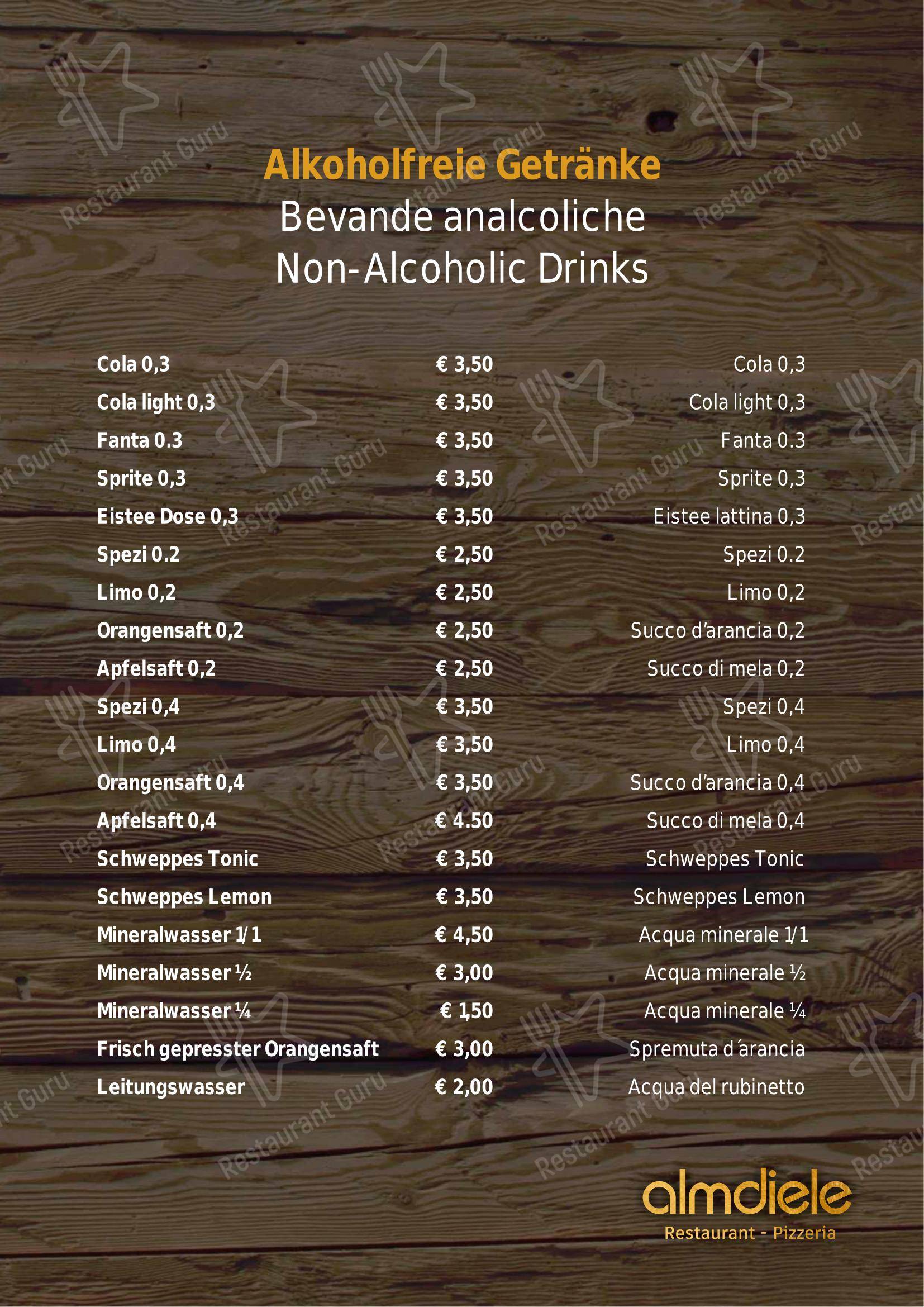 菜单 per Ristorante Pizzeria Almdiele in Lutago