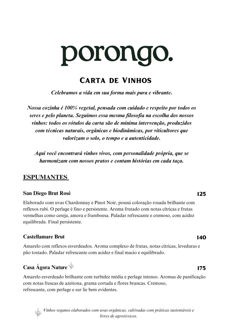 Porongo - Comida Brasileira - Jazz e Vinhos - Restaurante em Florianopólis - Restaurante Vegano cardápio