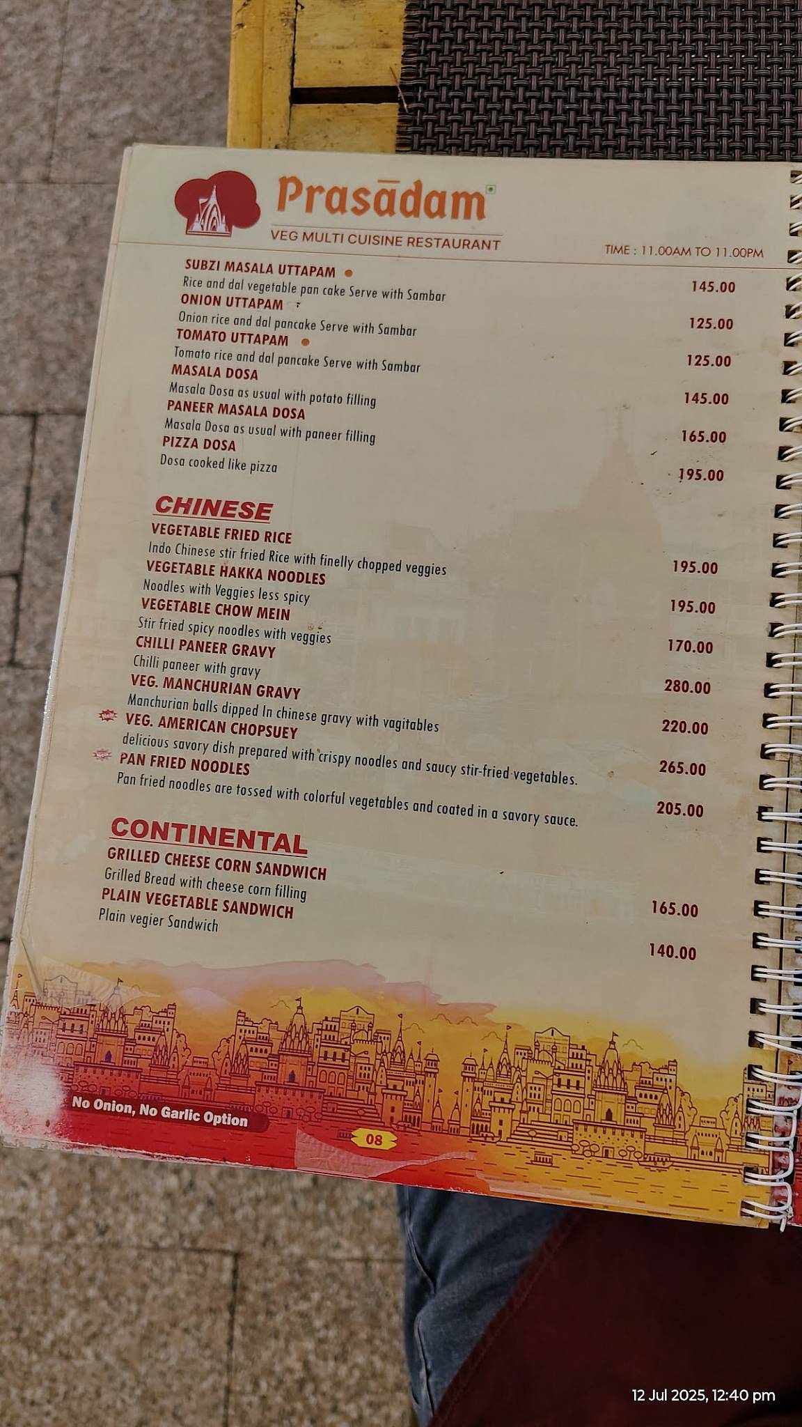 Prasadam Restaurant menu