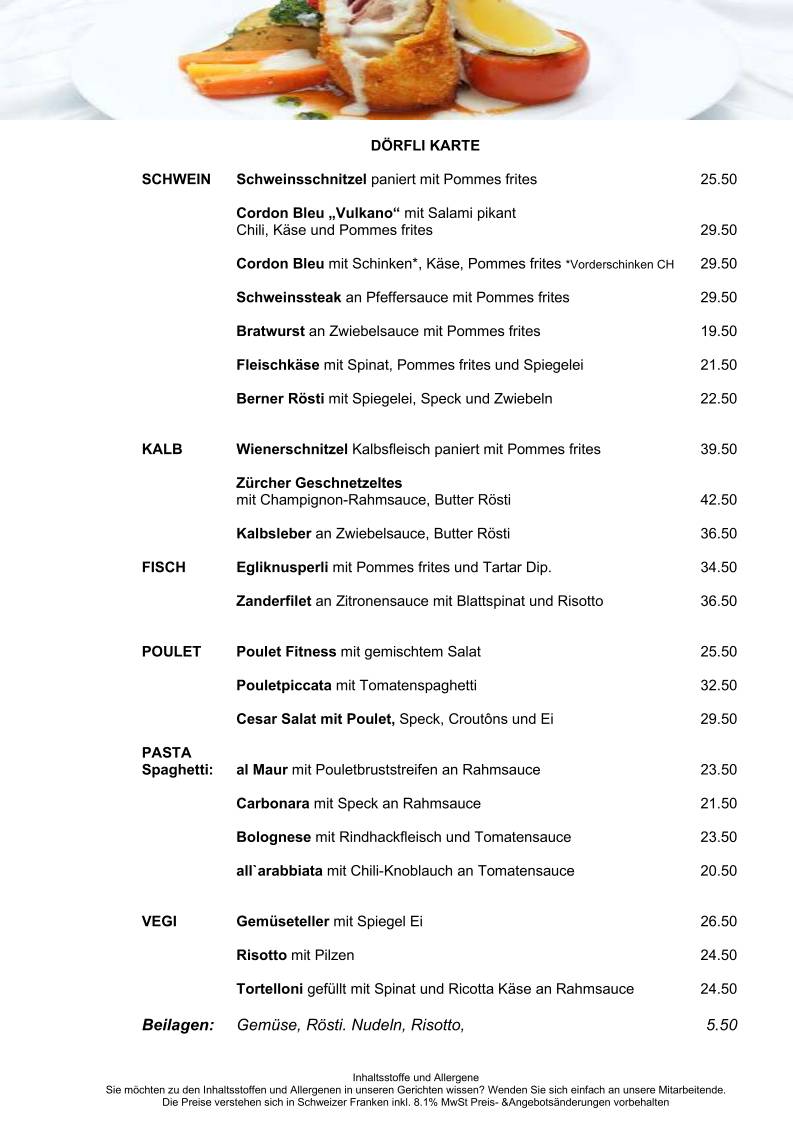 Menu di Restaurant Dörfli Maur 