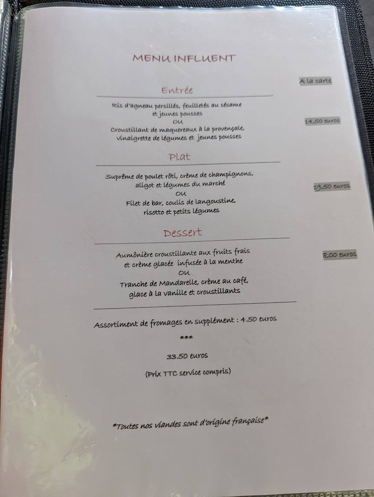 Menu de Restaurant L'influent