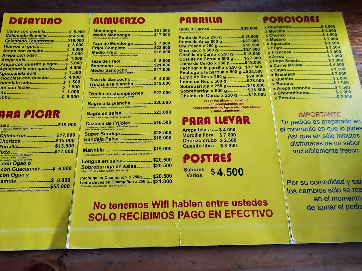 Carta de Restaurante Mi Tierrita Paisa, Bogotá