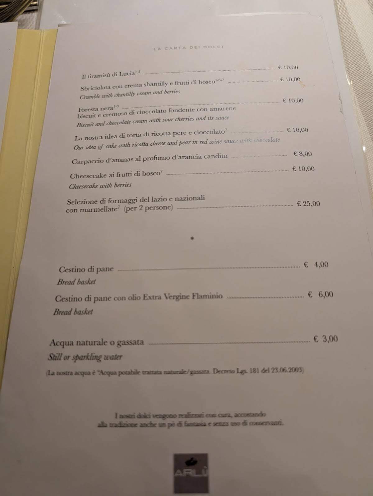 Menu di Arlù a San Pietro 