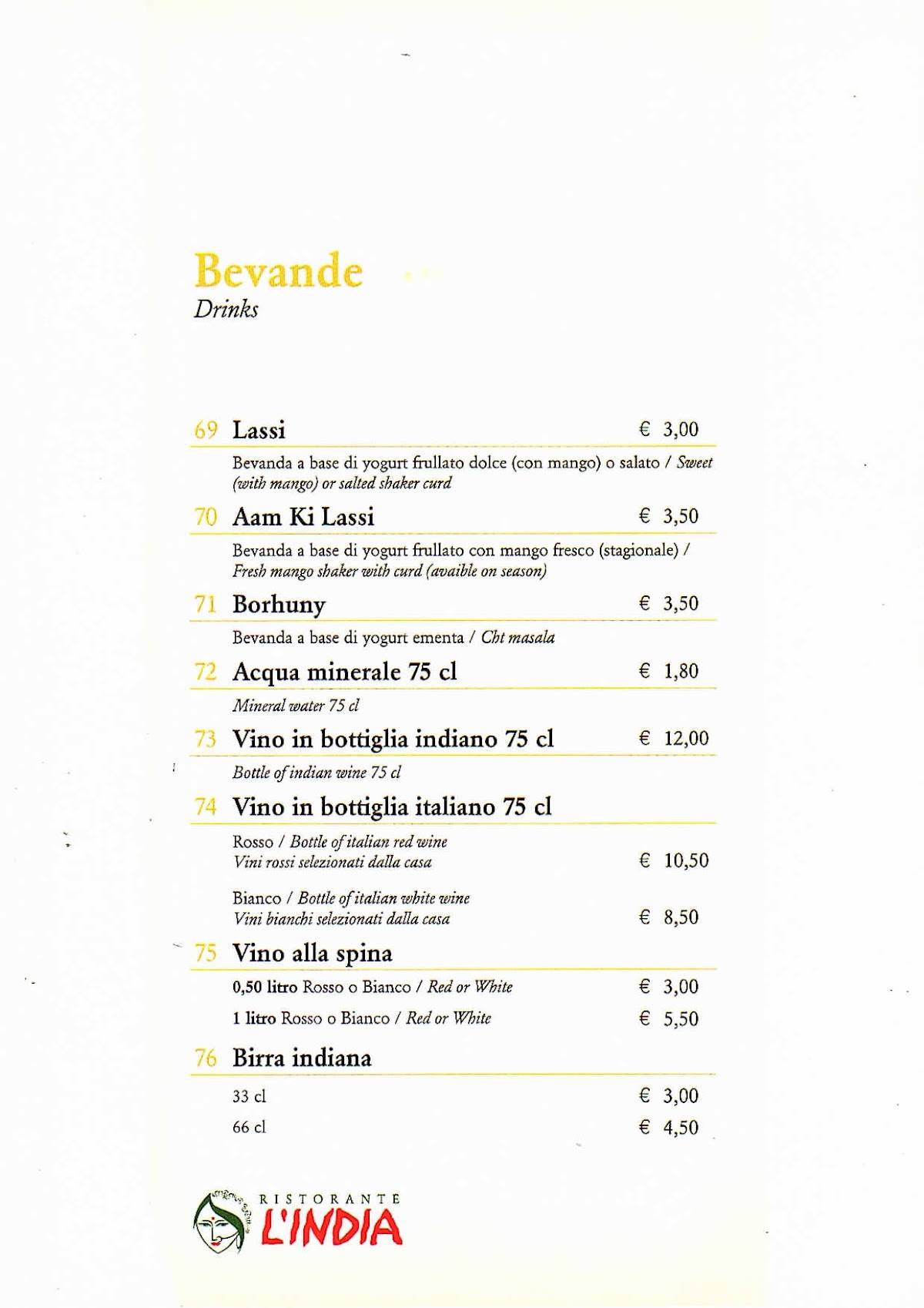 Menu di Ristorante L'india 
