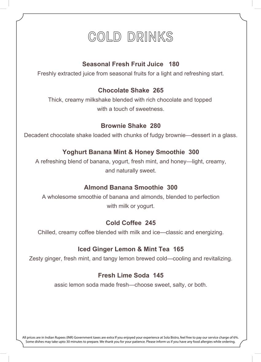 SOLA Bistro & Bar menu