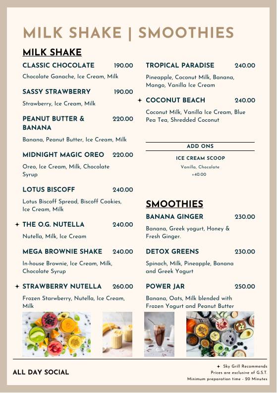 Sky Grill menu