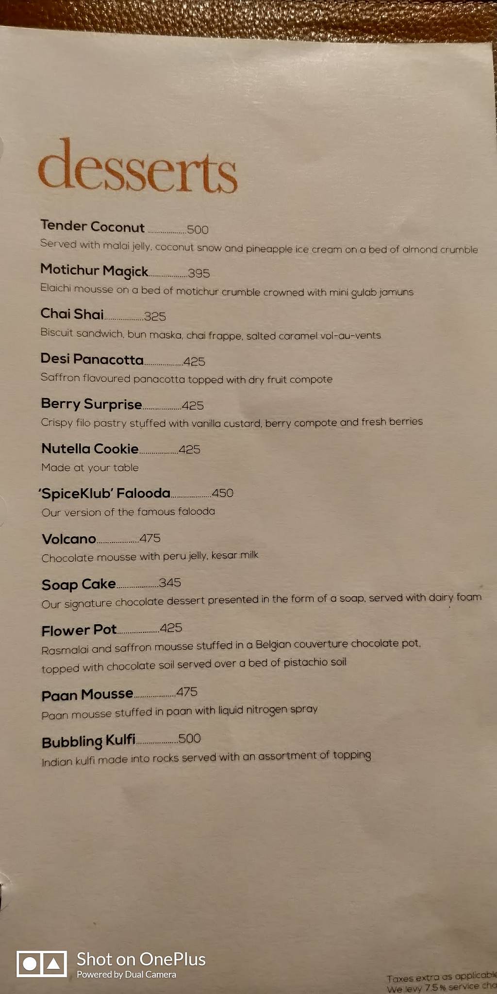 Spiceklub Restaurant Bengaluru menu