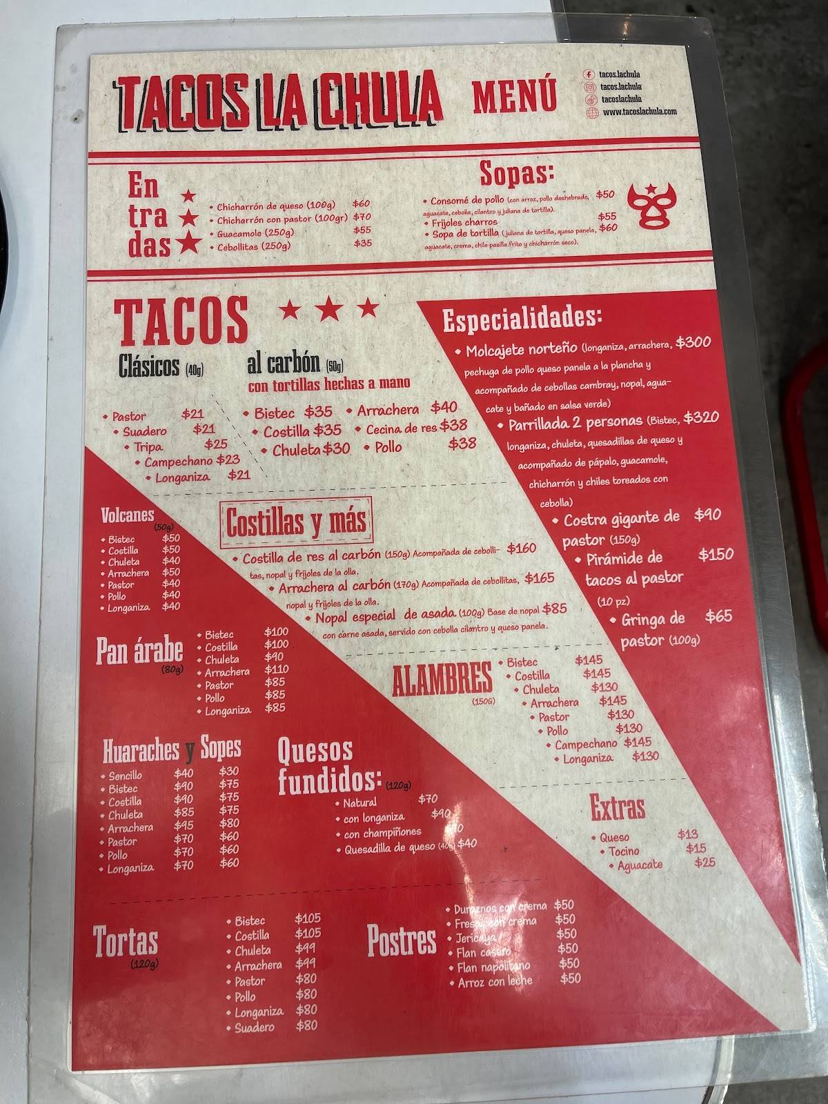 Carta del restaurante Tacos La Chula Revolución, Ciudad del México