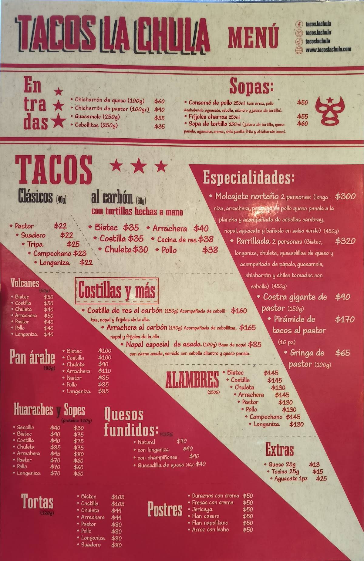 Carta del restaurante Tacos La Chula Revolución, Ciudad del México
