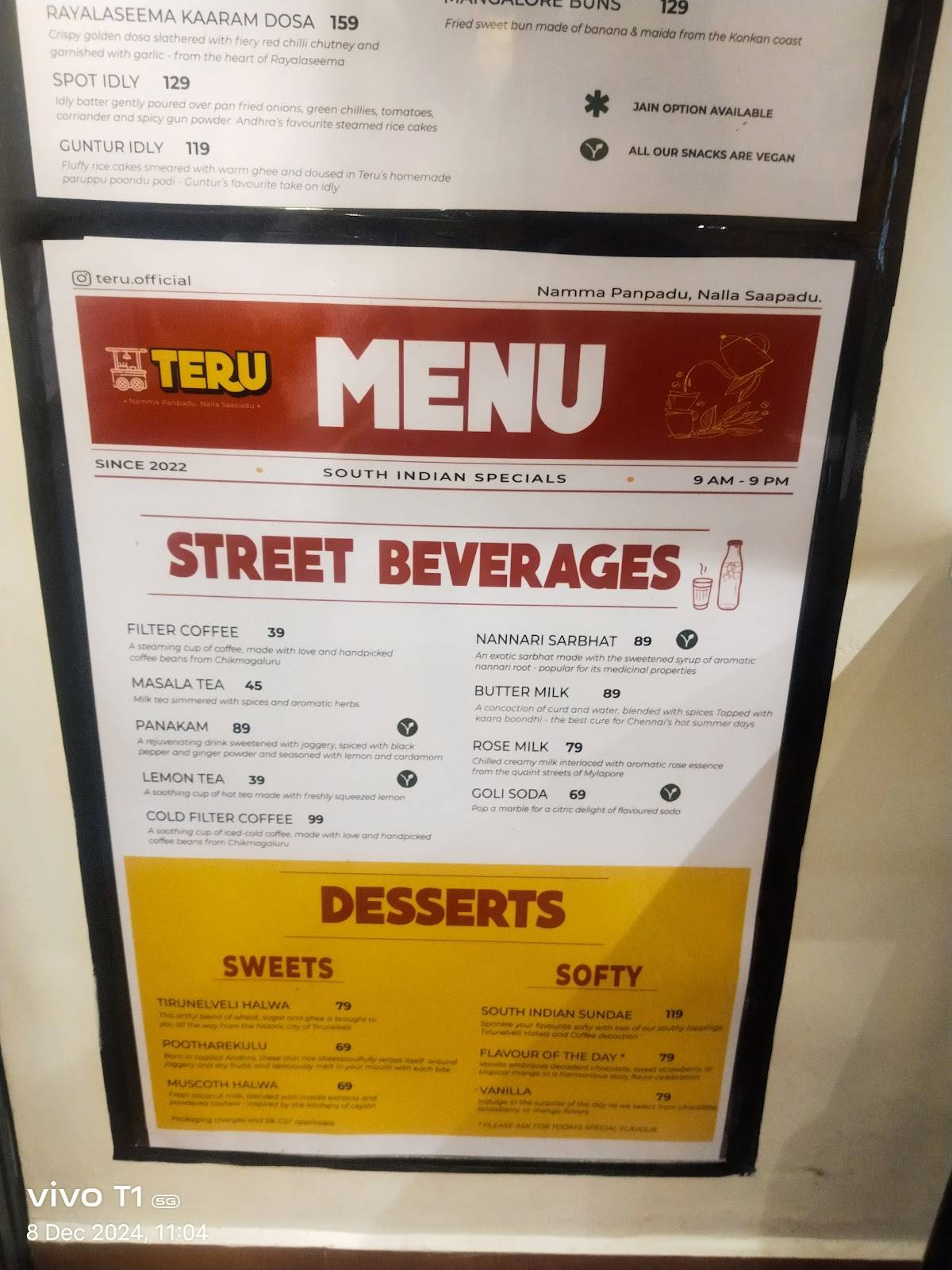 Teru – South Indian Street Food Alwarpet menu