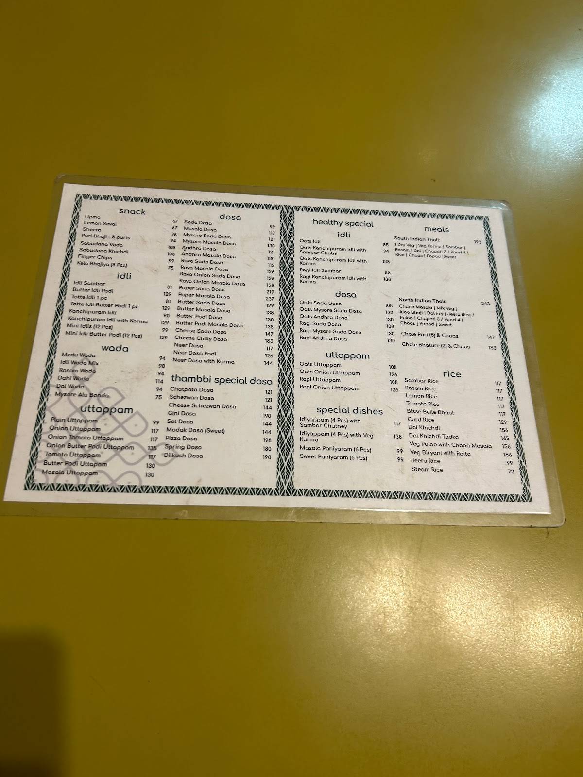 Thambbi Veg Restaurant menu