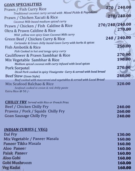 The Mango Grove Bar & Restaurant menu