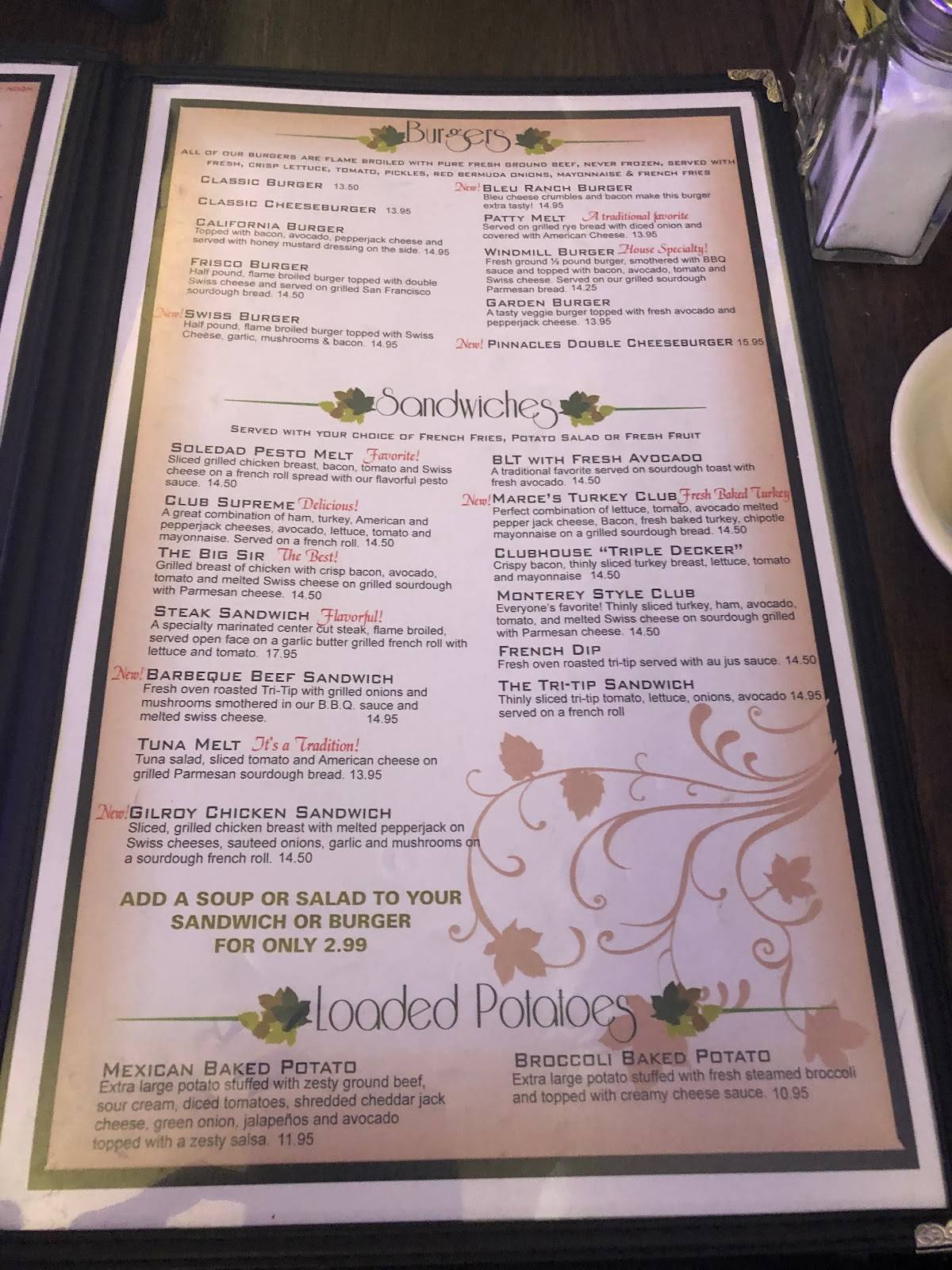 Menu at The Windmill Restaurant, Soledad