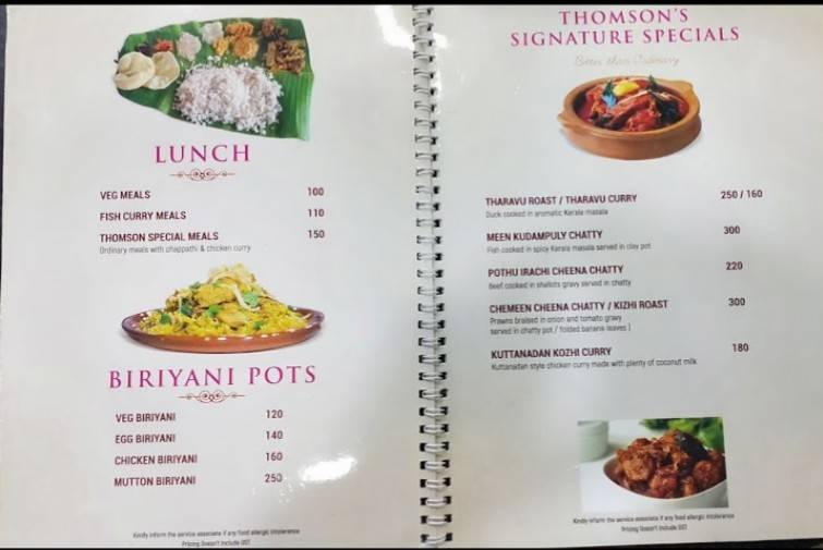 Thomson Bakers menu