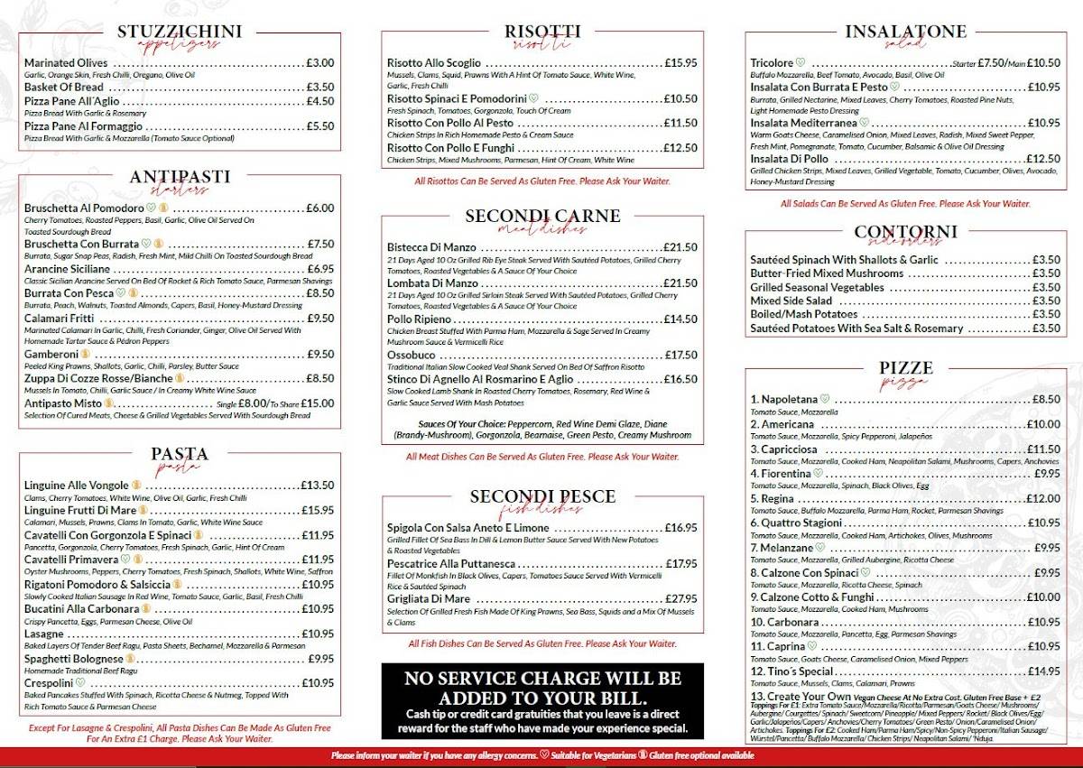 Menu at Tino's Tasty Italian Restaurant, Carshalton