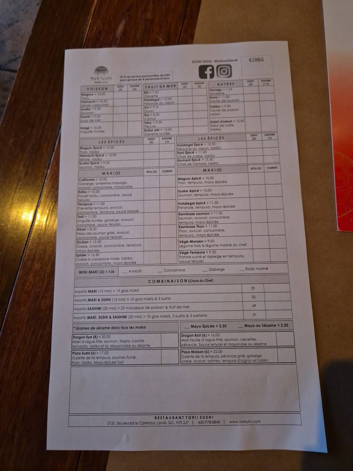 Menu de Restaurant Torii Sushi