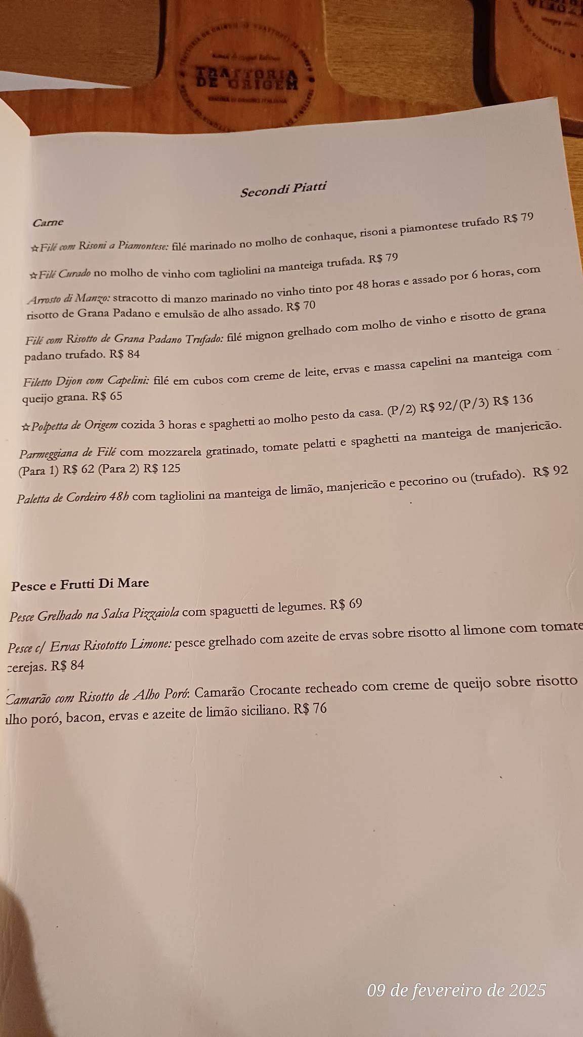 Trattoria de Origem cardápio