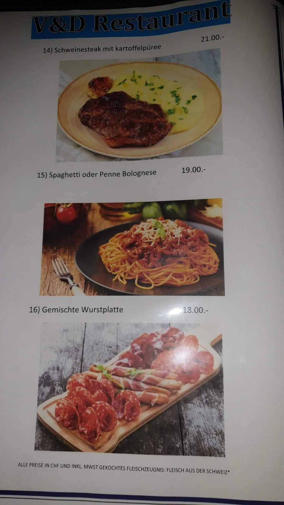 Menu di V&D Restaurant Basel 