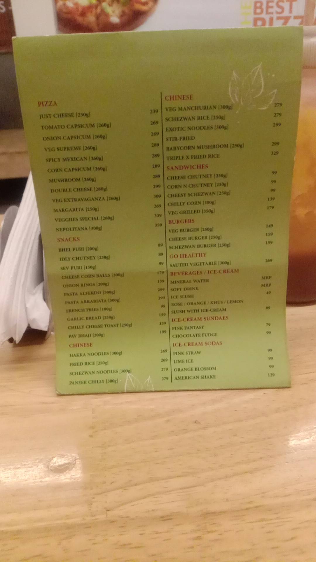 Veggiies menu